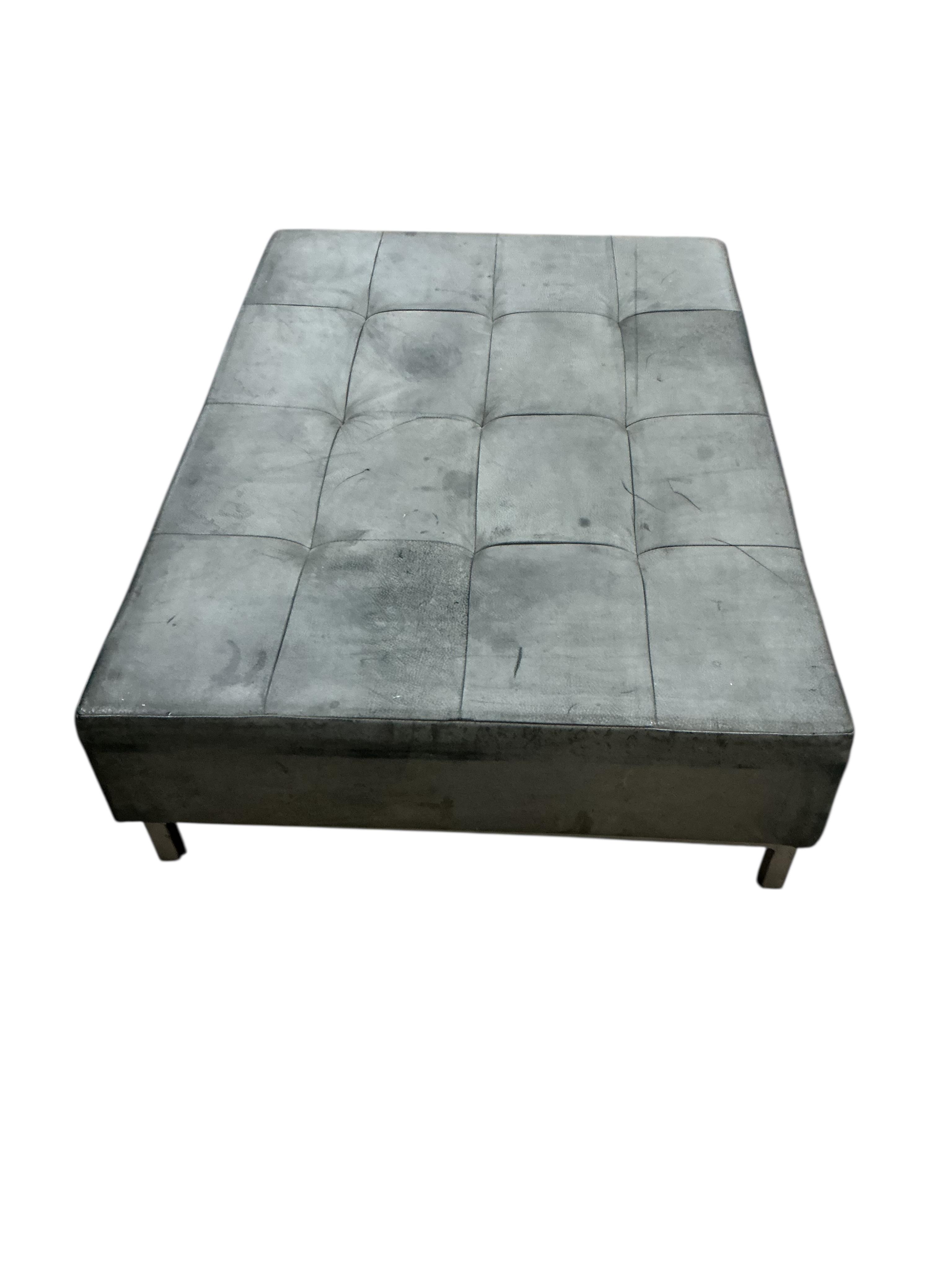 A contemporary leather rectangular ottoman stool with plate glass top, width 124cm, depth 88cm, height 34cm